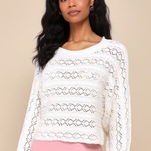 Lulus Cozy Direction White Cotton Pointelle Pullover Sweater - Size L